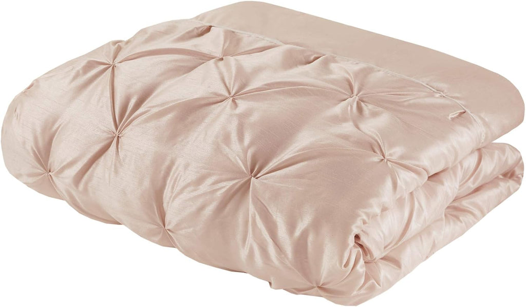 Madison Park Essentials Room in a Bag Faux Silk Comforter Set-Luxe Diamond Tufting All Season Bedding, Matching Curtains, Decorative Pillows, Queen(90'x90'), Blush 24 Piece (MPE10-809)