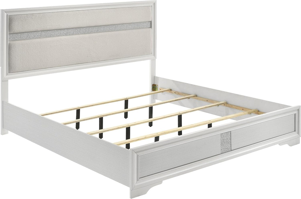 Coaster Home Furnishings Miranda Contemporary 5-Piece Bedroom Set Fabric Upholstered Eastern King Size Panel Bed Frame 54-inch Headboard White 205110KE-S5