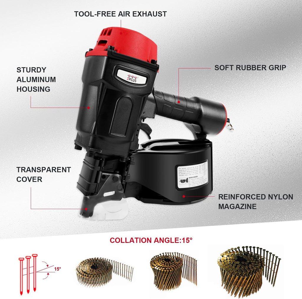 3PLUS HCN70SP Pneumatic Coil Pallet Nailer Professional Air Nail Gun Accepts 15 Degree 1-3/4-Inch to 2-3/4-Inch Wire Collated Nails