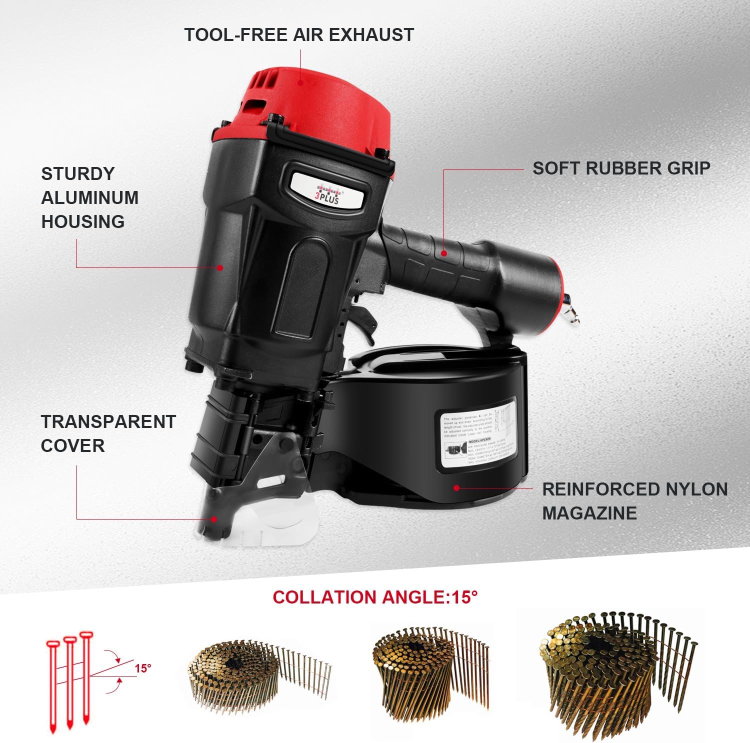 3PLUS HCN70SP Pneumatic Coil Pallet Nailer Professional Air Nail Gun Accepts 15 Degree 1-3/4-Inch to 2-3/4-Inch Wire Collated Nails