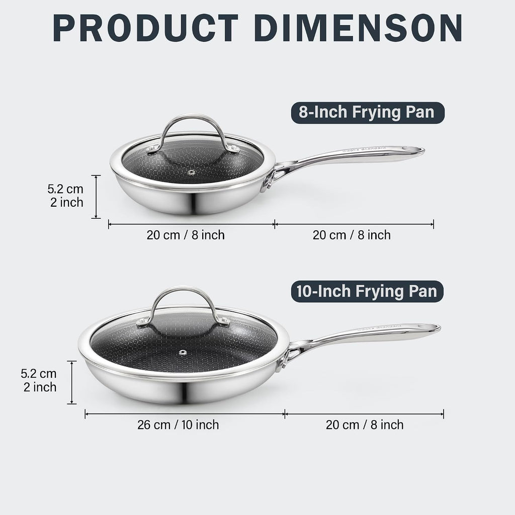 Cooks Standard Hybrid Mutli-Ply Clad 8 and 10.5 Inch Nonstick Frying Pan, Stainless Steel Skillet with Tempered Glass Lids, Cool Handle, Oven Safe, Compatible with All Stovetops, 2-Piece