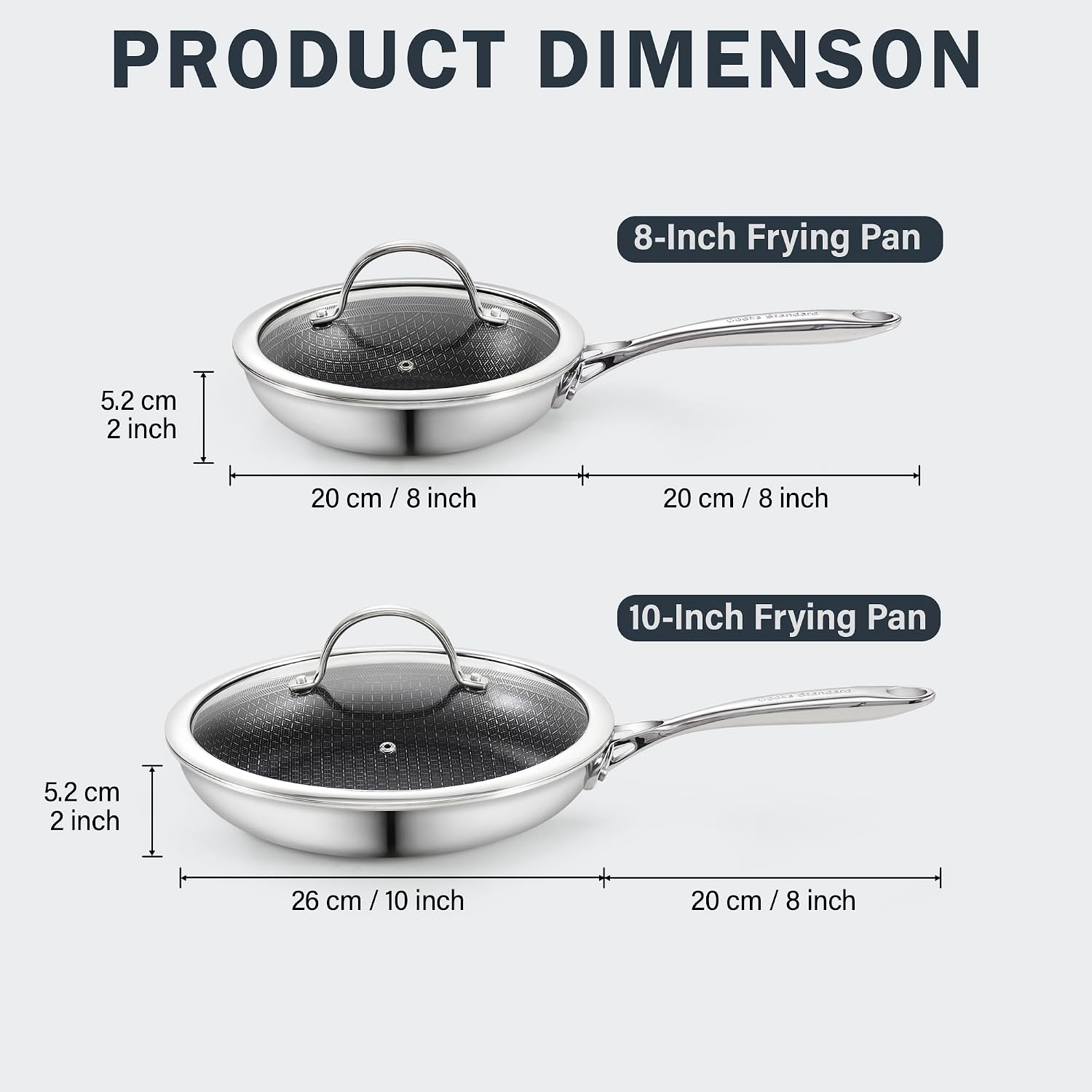 Cooks Standard Hybrid Mutli-Ply Clad 8 and 10.5 Inch Nonstick Frying Pan, Stainless Steel Skillet with Tempered Glass Lids, Cool Handle, Oven Safe, Compatible with All Stovetops, 2-Piece