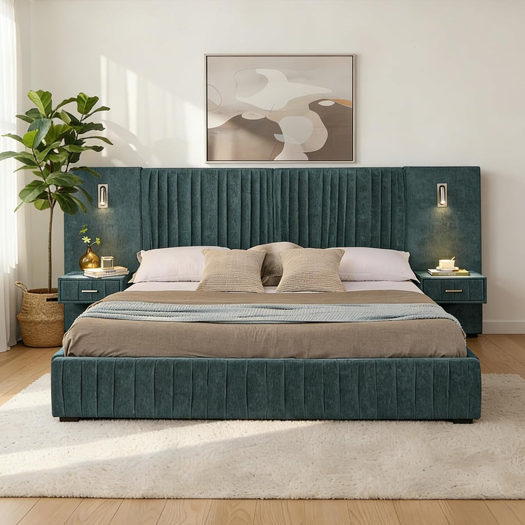 KEIKI King Size Chenille Bed Frame with 2 Nightstands, Lamps & Oversize Headboard, Solid Wood Frame Platform Night Stand Bedroom Set, Upholstered Floor Grounded Bed, No Box Spring Needed, Blue Green