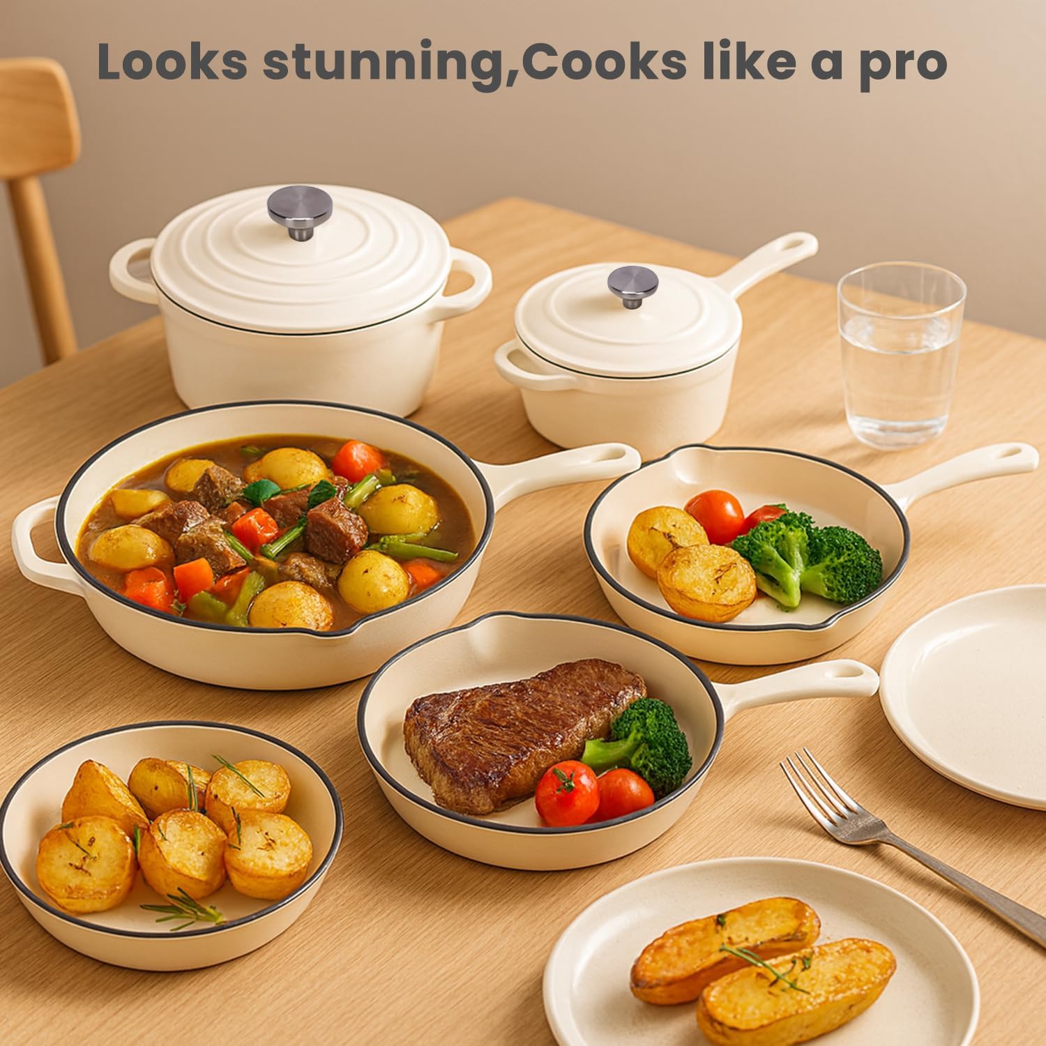 QuliMetal Enameled Cast Iron Cookware Set, 5-Piece Pots and Pans Set with Lids, Skillet, Frying Pan, Saucepan & Dutch Oven for All Stovetops, PFOA Free, Ideal for Sourdough Bread Baking