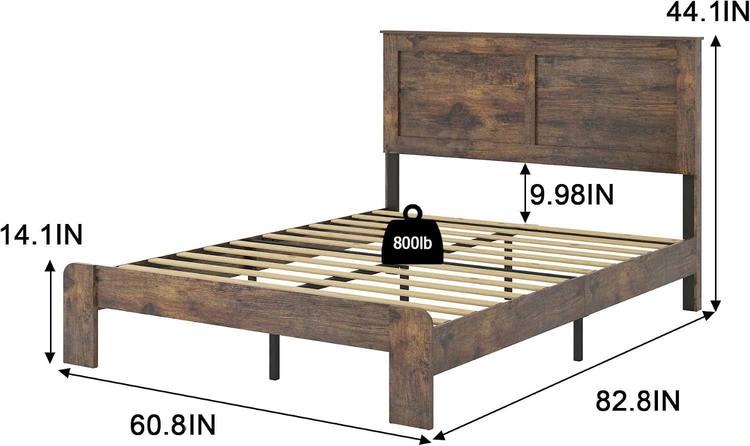 NNOOTK Queen Size Bed Frame, Vintage Platform Bed Frame with Wood Headboard and Footboard, 12 Wood Slats Support, No Box Spring Needed (Dark Brown)