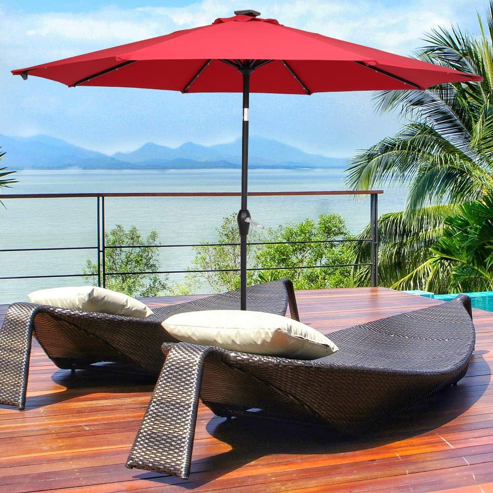 Patio Umbrella 9FT Round Outdoor Market Table Umbrella Waterproof Folding Sunshade Umbrella with Solar LED Light for Outdoor Beach Deck Garden Party Decoration (Without Unbrella Base, Wine Red)