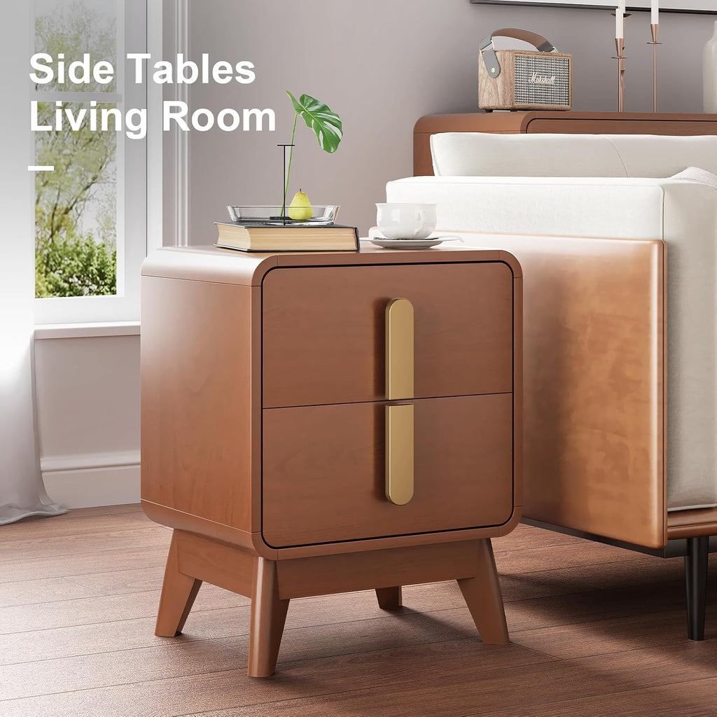 Mid Century Modern Nightstand Set of 2, Wood Bedside Table with 2 Drawers and Metal Handles, Curved Design, Night Stand Set 2 for Bedroom, Cherry