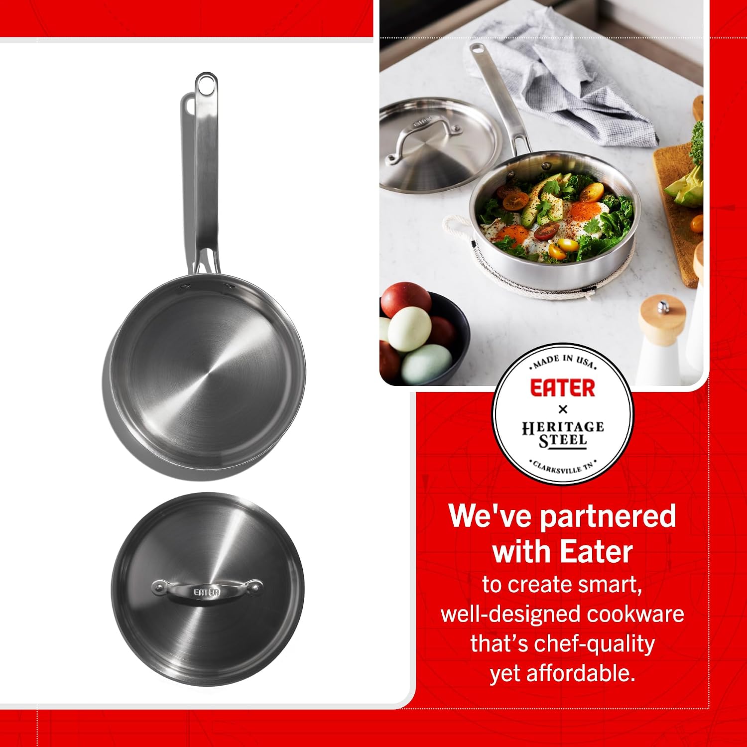 Heritage Steel x Eater 1.5 Quart Mini Sauté Pan with Lid | Made in USA | 5-Ply Fully Clad Stainless Steel Pan | Stay Cool Handle Design | Induction Capable & Non-Toxic Cookware