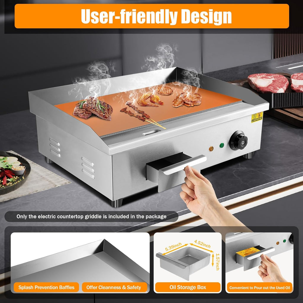 Electric Countertop Griddle, 3000W 21.6'' Commercial Heavy Duty Restaurant Tabletop Flat Top Grill Machine Adjustable Temperature Control with US Plug