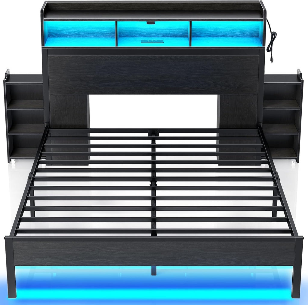 Rolanstar Full Size Bed Frame with Bookcase Storage Headboard, Slide Out Bedside Storage, Bed with Charging Station & LED Lights, Heavy Duty Metal Slats, No Box Spring Needed, Noise Free, Black