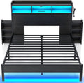Rolanstar Full Size Bed Frame with Bookcase Storage Headboard, Slide Out Bedside Storage, Bed with Charging Station & LED Lights, Heavy Duty Metal Slats, No Box Spring Needed, Noise Free, Black