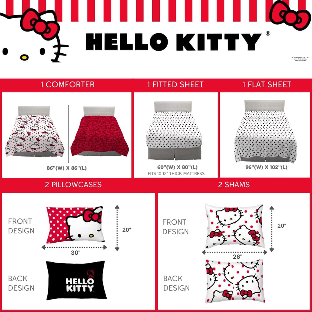 Hello Kitty Polka Dot Bedding 7 Piece Super Soft Comforter and Sheet Set with Sham, Queen, (Official Licensed Product) by Franco Collectibles