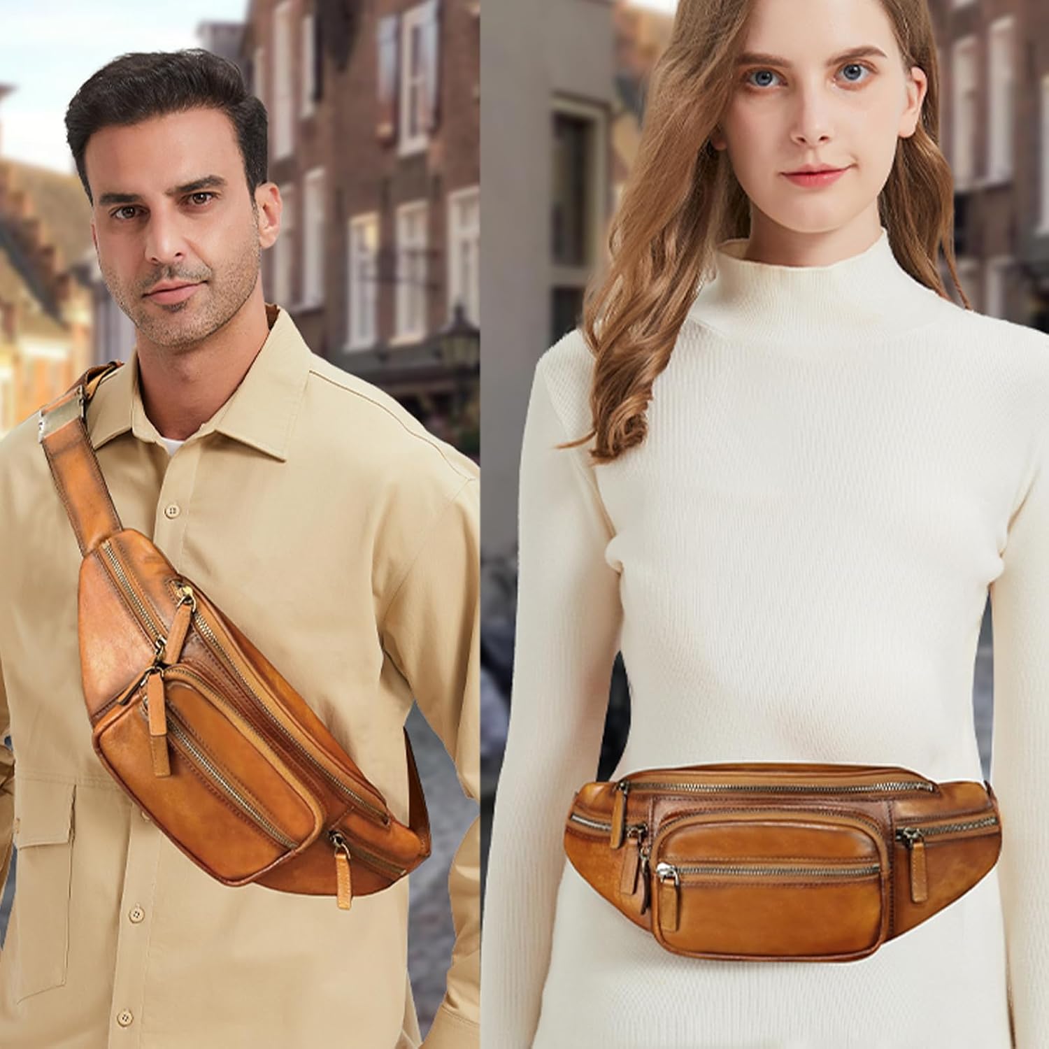 Genuine Leather Fanny Packs for Women and Men Waist Bag Vintage Hip Bum Bag Over Shoulder Crossbody Sling Bag (Multicolor)