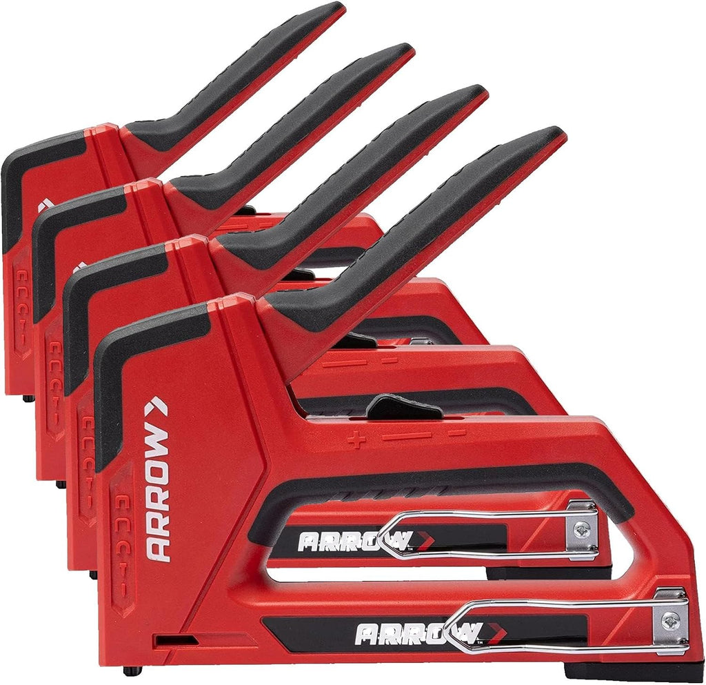 Arrow T501 5-in-1 Manual Staple & Nail Gun, Wire Stapler, and Brad Nailer for Wood, Upholstery, Construction, Insulation, Crafts, Fencing, and Cable, Black/Red (Pack of 4)