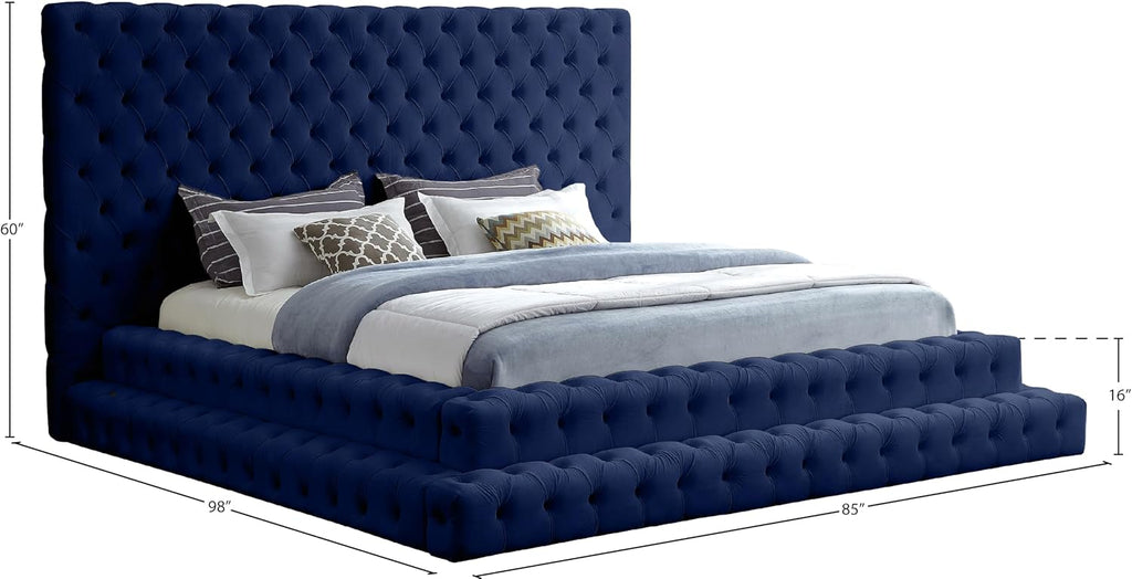 Meridian Furniture RevelNavy-Q Revel Collection Modern | Contemporary Navy Velvet Upholstered Bed with Deep Button Tufting, 85' W x 98' D x 60' H, Navy, Queen
