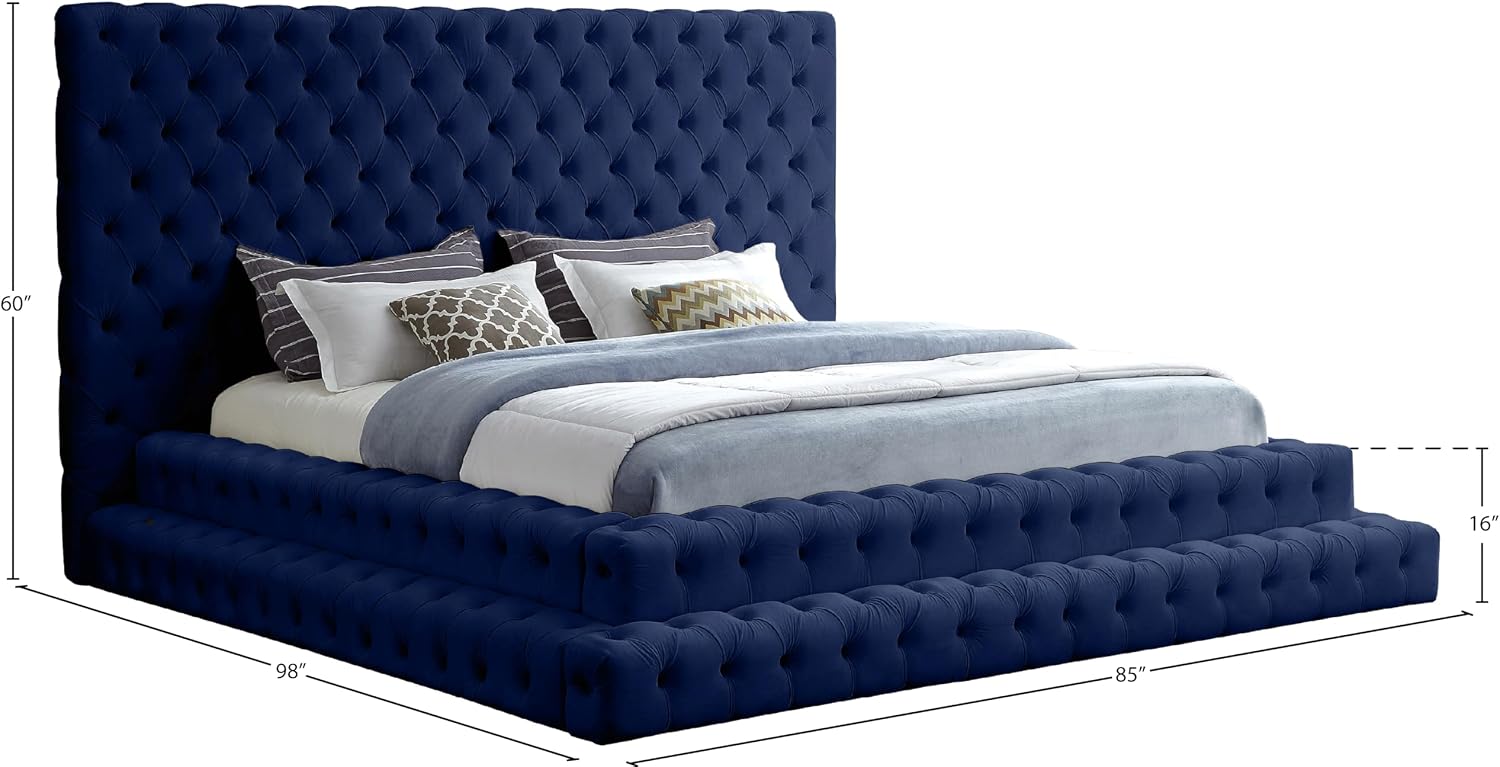 Meridian Furniture RevelNavy-Q Revel Collection Modern | Contemporary Navy Velvet Upholstered Bed with Deep Button Tufting, 85' W x 98' D x 60' H, Navy, Queen