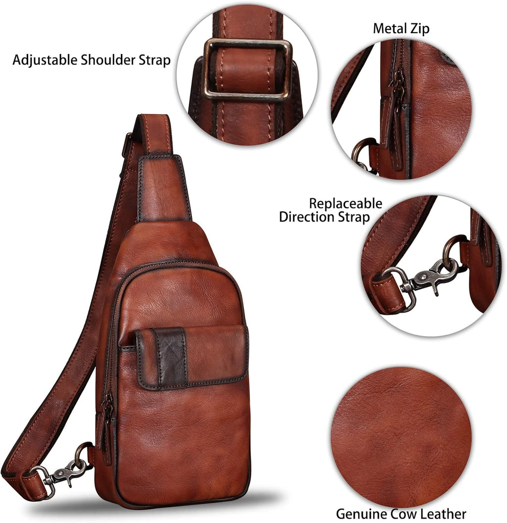 Genuine Leather Sling Bag - Vintage Sling Backpack for Men & Women - Fashion Shoulder & Crossbody Bag
