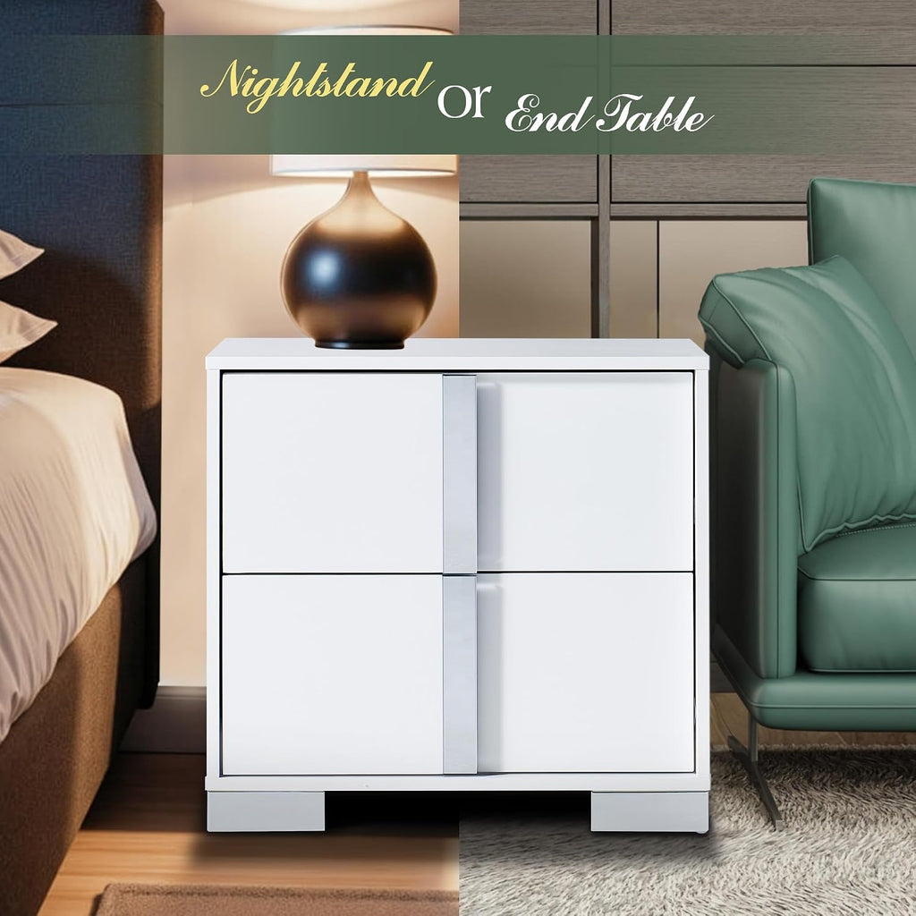 AMERLIFE Nightstand Set of 2, 23.6'' Modern End Table with Drawers, High Gloss UV Finish, Electroplated Pull Handle, Bedside Table for Bedroom, White