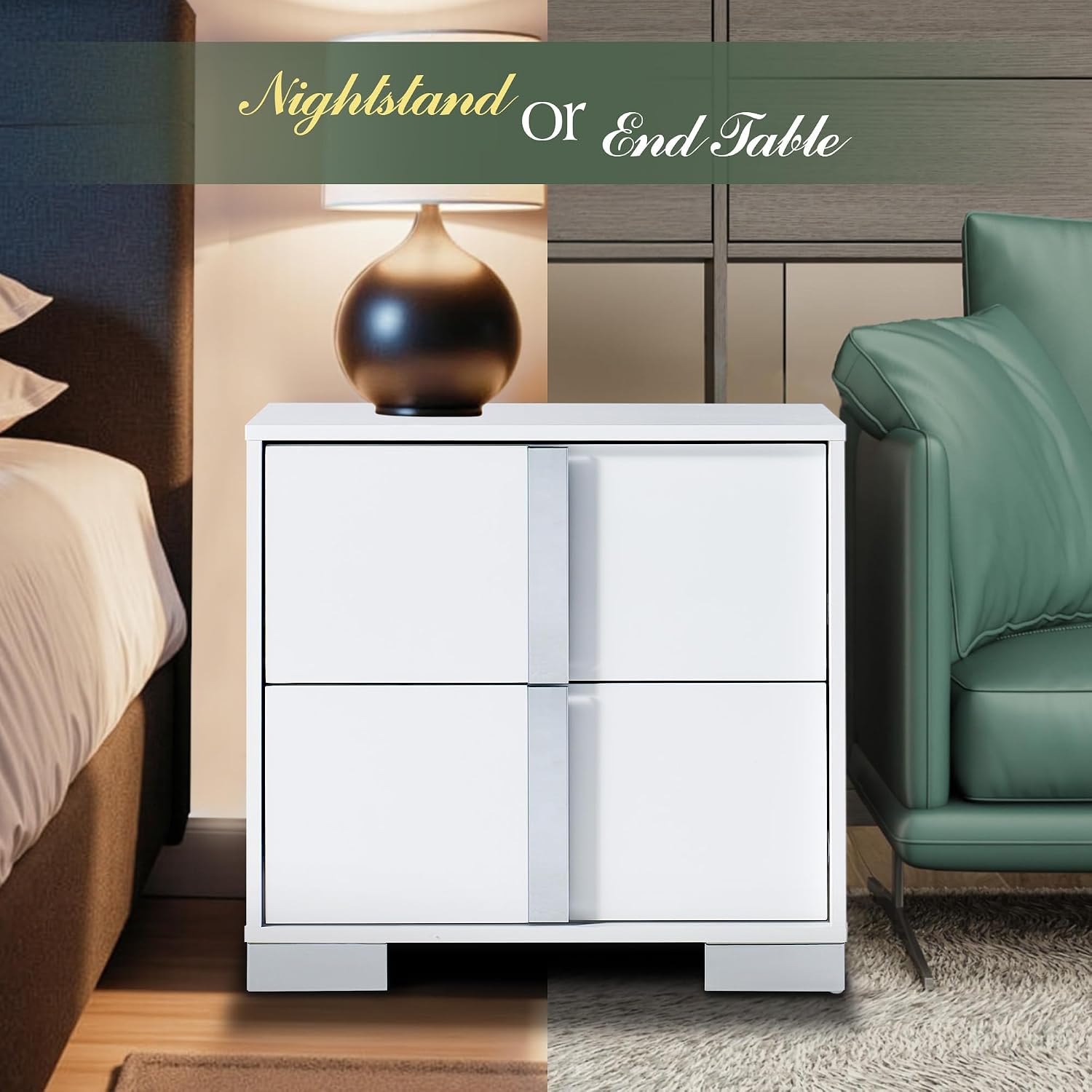 AMERLIFE Nightstand, 23.6'' Modern End Table with Drawers, High Gloss UV Finish, Electroplated Pull Handle, Bedside Table for Bedroom, White