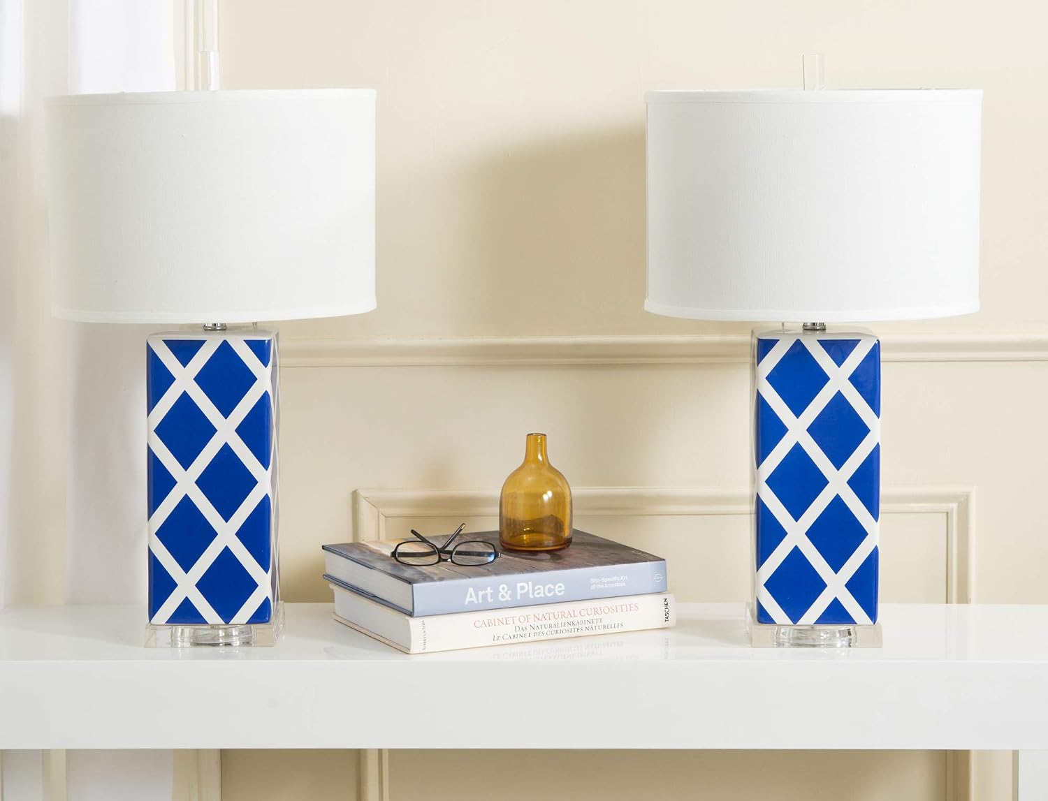 SAFAVIEH Lighting Collection Garden Lattice Trellis Modern Contemporary Navy 27-inch Bedroom Living Room Home Office Desk Nightstand Table Lamp Set of 2 (LED Bulbs Included)
