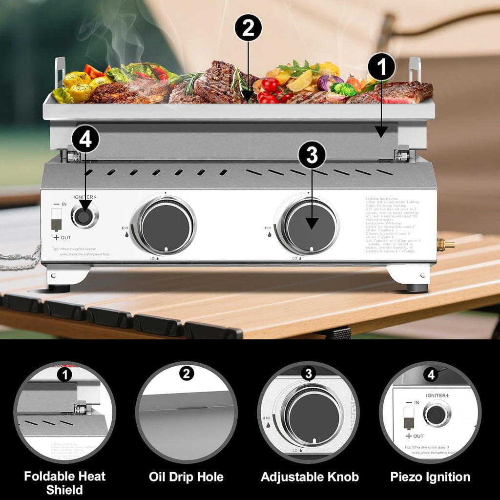 R.W.FLAME Portable Propane Griddle,Stainless Steel Gas Grill,Table Top Grill for Outdoor BBQ,Camping and RVs,Silver (2 Burner)