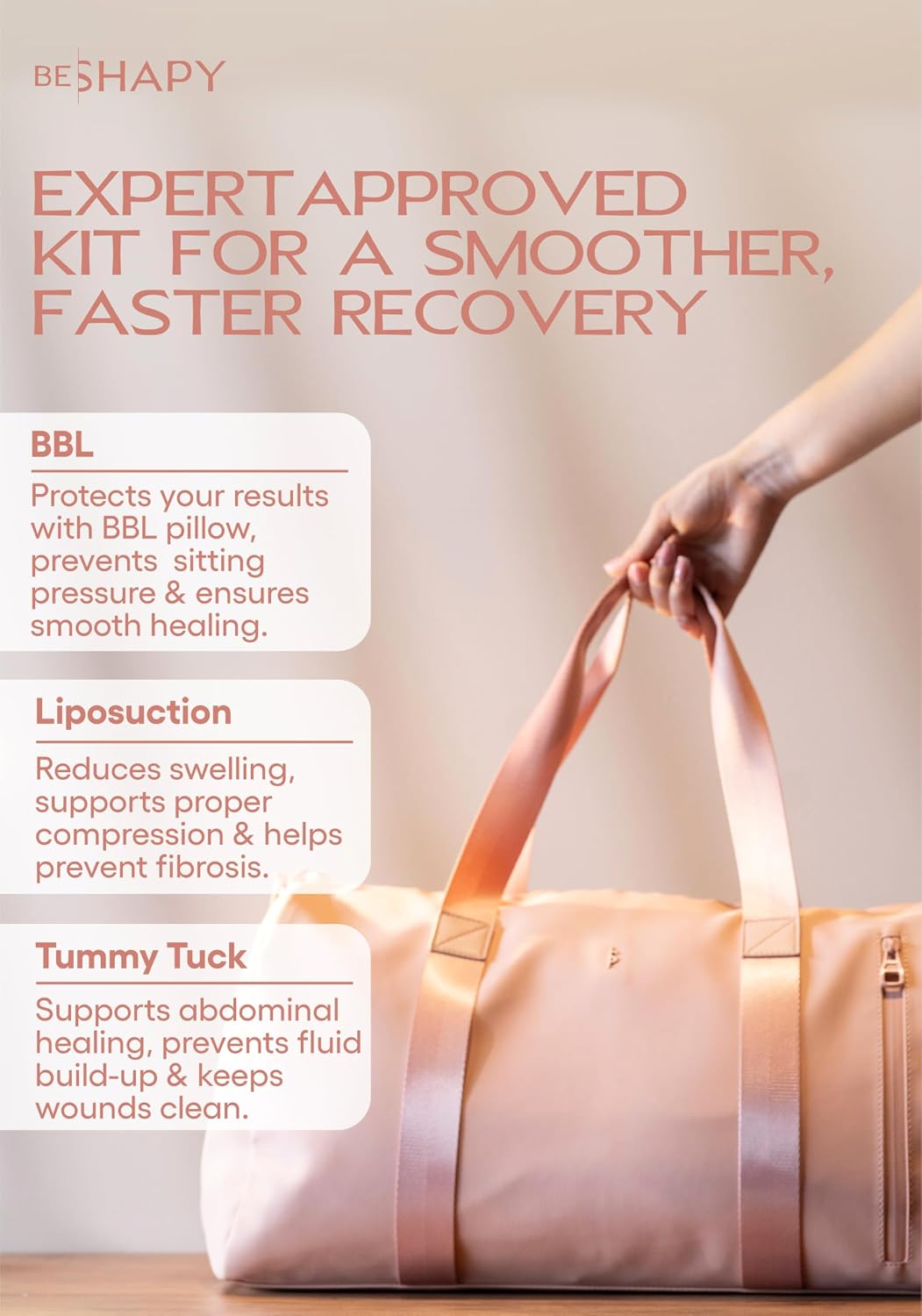 BE SHAPY Lipo and BBL Surgery Recovery Items | Premium Hospital Bag with Essentials | BBL Pillow and Liposuction Recovery Supplies L