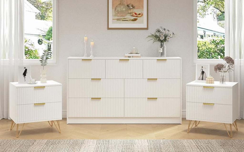 7 Drawer Dresser and Nightstand Sets, 3 Pcs Bedroom Set for Bedroom, Fluted Night Stand Set of 2 & 55' Wide Dresser w/Gold Handles, Modern Wood Chest of Drawers Storage Cabinet Set, White
