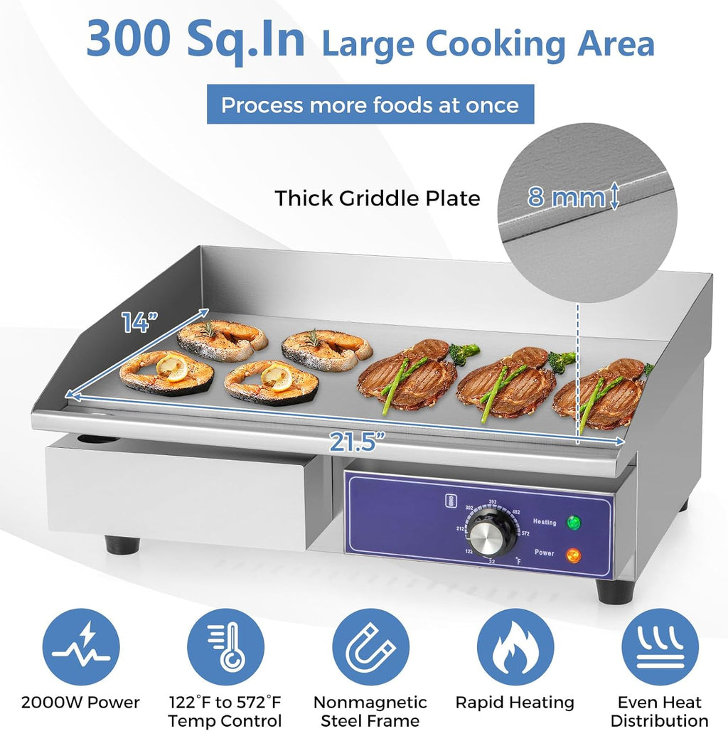 KOTEK Commercial Electric Griddle, 2000W 22' Flat Top Griddle, Stainless Steel Frame & Drip Tray, Adjustable Temperature Control 122℉-572℉, Countertop Teppanyaki Grill for Home, Kitchen, Restaurant