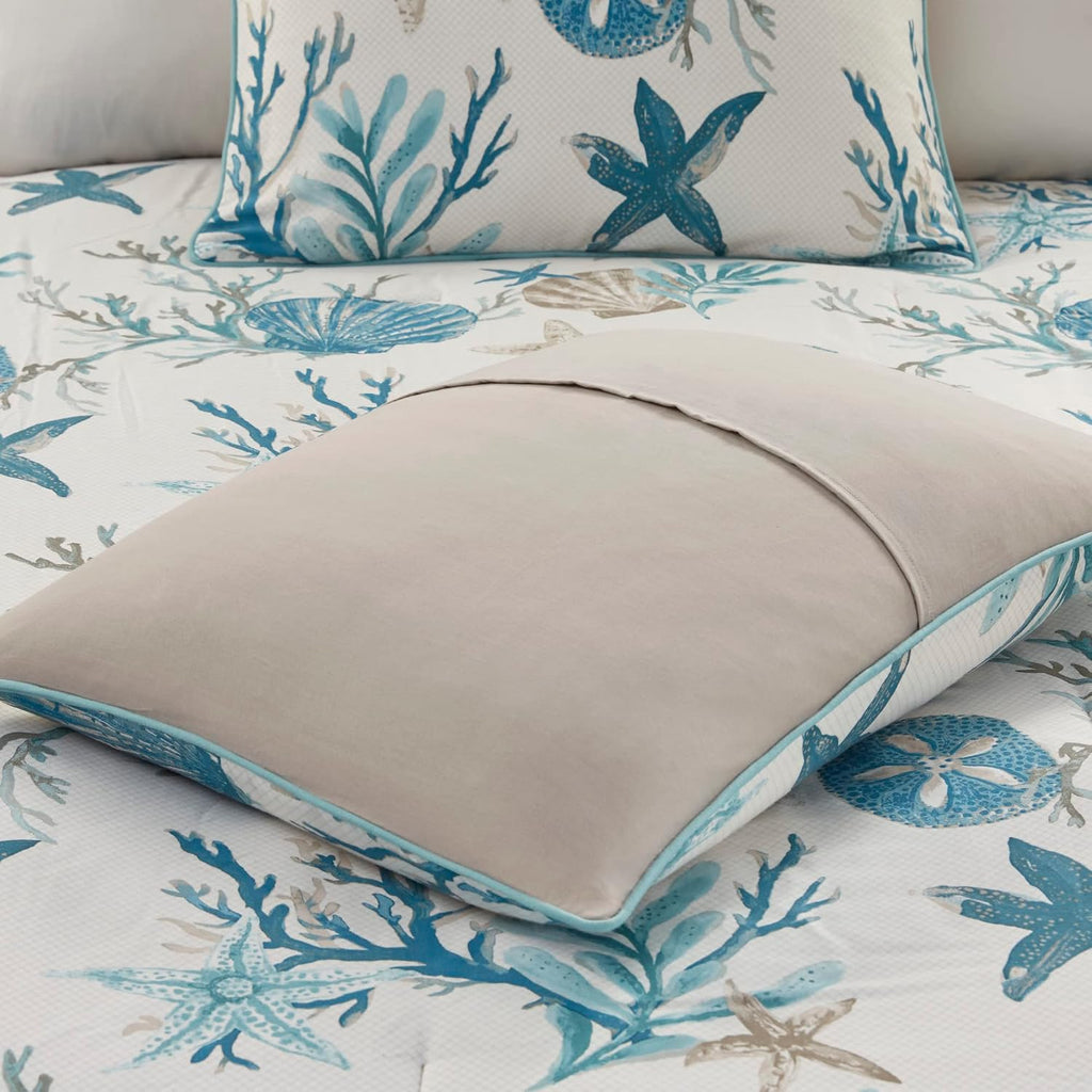Madison Park Pebble Beach 100% Cotton Comforter Set - Coastal Coral, Starfish Design All Season Down Alternative Cozy Bedding with Matching Shams, Decorative Pillow, Queen(90'x90') Aqua 7 Piece