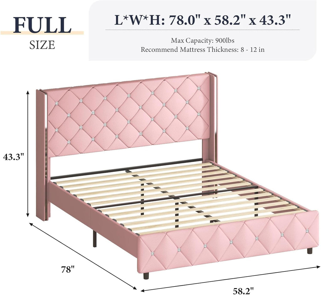 Lullabyre Full Size Bed Frame, Upholstered Bed Frame with Diamond Tufted Headboard, Modern Silverside Wingback, No Box Spring Needed, Easy Assembly, Pink