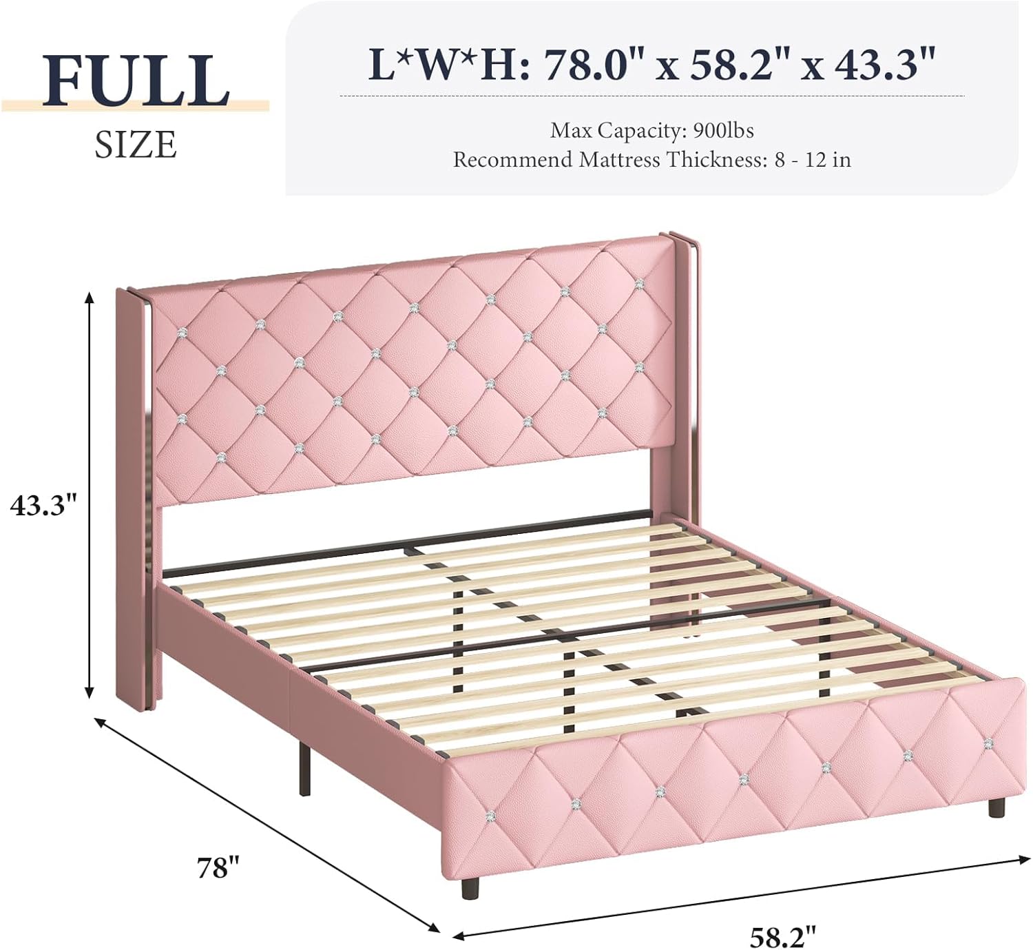Lullabyre Full Size Bed Frame, Upholstered Bed Frame with Diamond Tufted Headboard, Modern Silverside Wingback, No Box Spring Needed, Easy Assembly, Pink