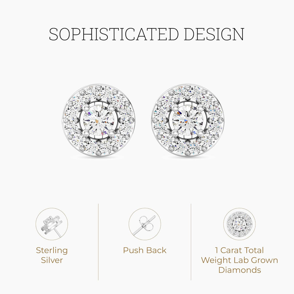 Gilded Lab-Grown Diamond Stud Earrings Sterling Silver and 14KT Yellow Gold Plated Silver | Round Halo Shaped Studs | Hypoallergenic Fine Jewelry | Prong Setting, Push Back Nut | SI1 Clarity, F Color 1/4, 1/2, 3/4, 1 ct tw