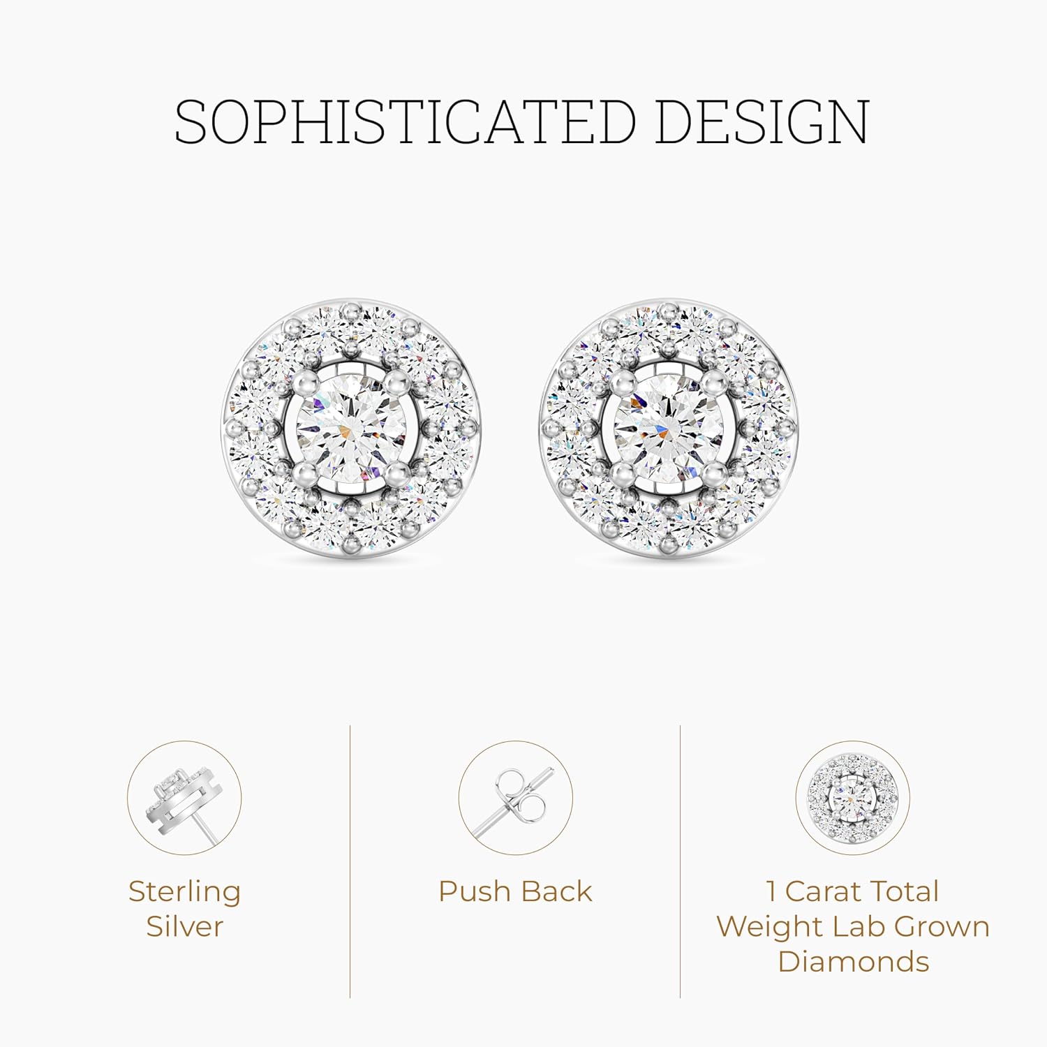 Gilded Lab-Grown Diamond Stud Earrings Sterling Silver and 14KT Yellow Gold Plated Silver | Round Halo Shaped Studs | Hypoallergenic Fine Jewelry | Prong Setting, Push Back Nut | SI1 Clarity, F Color 1/4, 1/2, 3/4, 1 ct tw