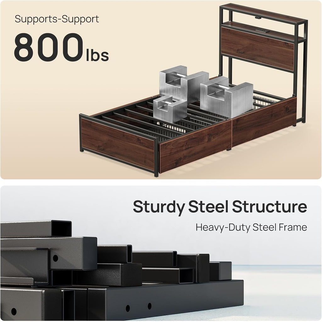 Rolanstar Twin Bed Frame with 4 Storage Drawers, Charging Station and LED Lights, Metal Platform Bed with 2-Tier Storage Headboard, No Box Spring Needed, Easy Assembly, Noise-Free, Walnut