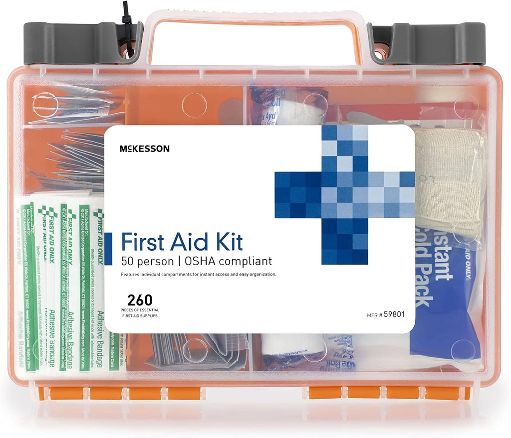 McKesson First Aid Kit, 260 Pieces, OSHA Compliant 50 Person Kit for Car, Home, Office, Camping, Travel, Case of 12