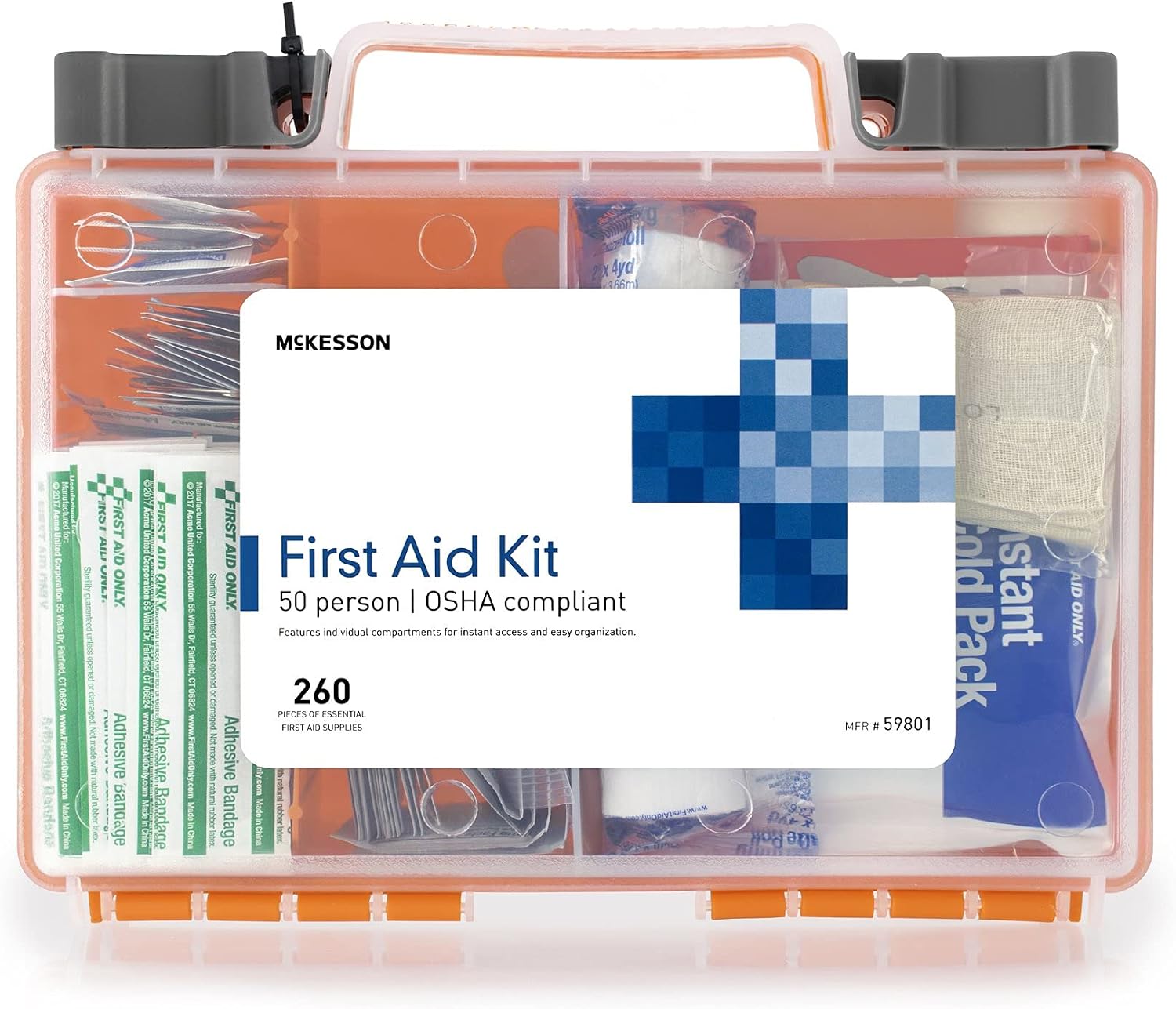 McKesson First Aid Kit, 260 Pieces, OSHA Compliant 50 Person Kit for Car, Home, Office, Camping, Travel, Case of 12