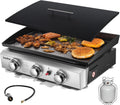 Gas Griddle Flat Top 24 Inch, 3 Burner, 30000 BTU, Stainless Steel Tabletop Grill with Lid and Iron Pan, Portable Griddle Propane for Kitchen, Camping, Outdoor, Tailgating, Barbecue