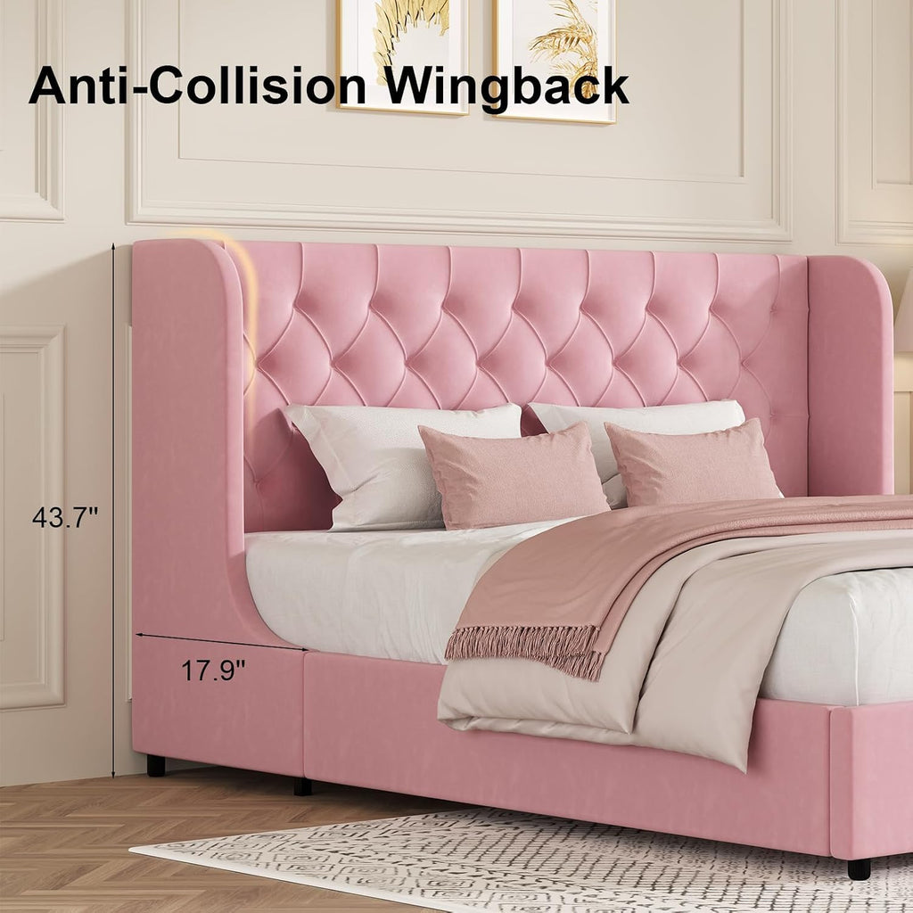 HOMBCK Pink King Size Bed Frame, Upholstered Platform Bed Frame with Velvet Tufted Headboard, Curved Wingback Design, Wooden Slats, No Box Spring, Noise Free, Easy Assembly