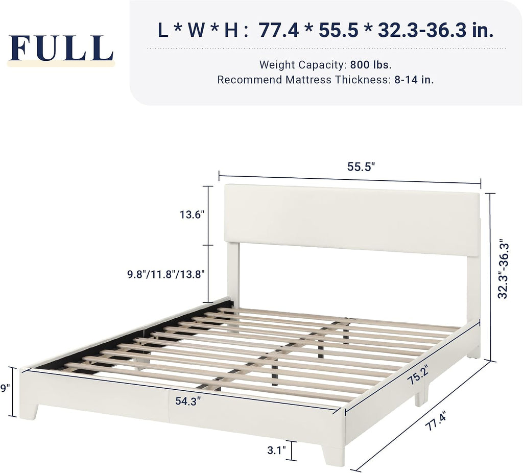 Allewie Queen Size Bed Frame with Adjustable Headboard, Faux Leather Platform Bed with Wood Slats, Heavy Duty Mattress Foundation, No Box Spring Needed, Noise-Free, Easy Assembly, White