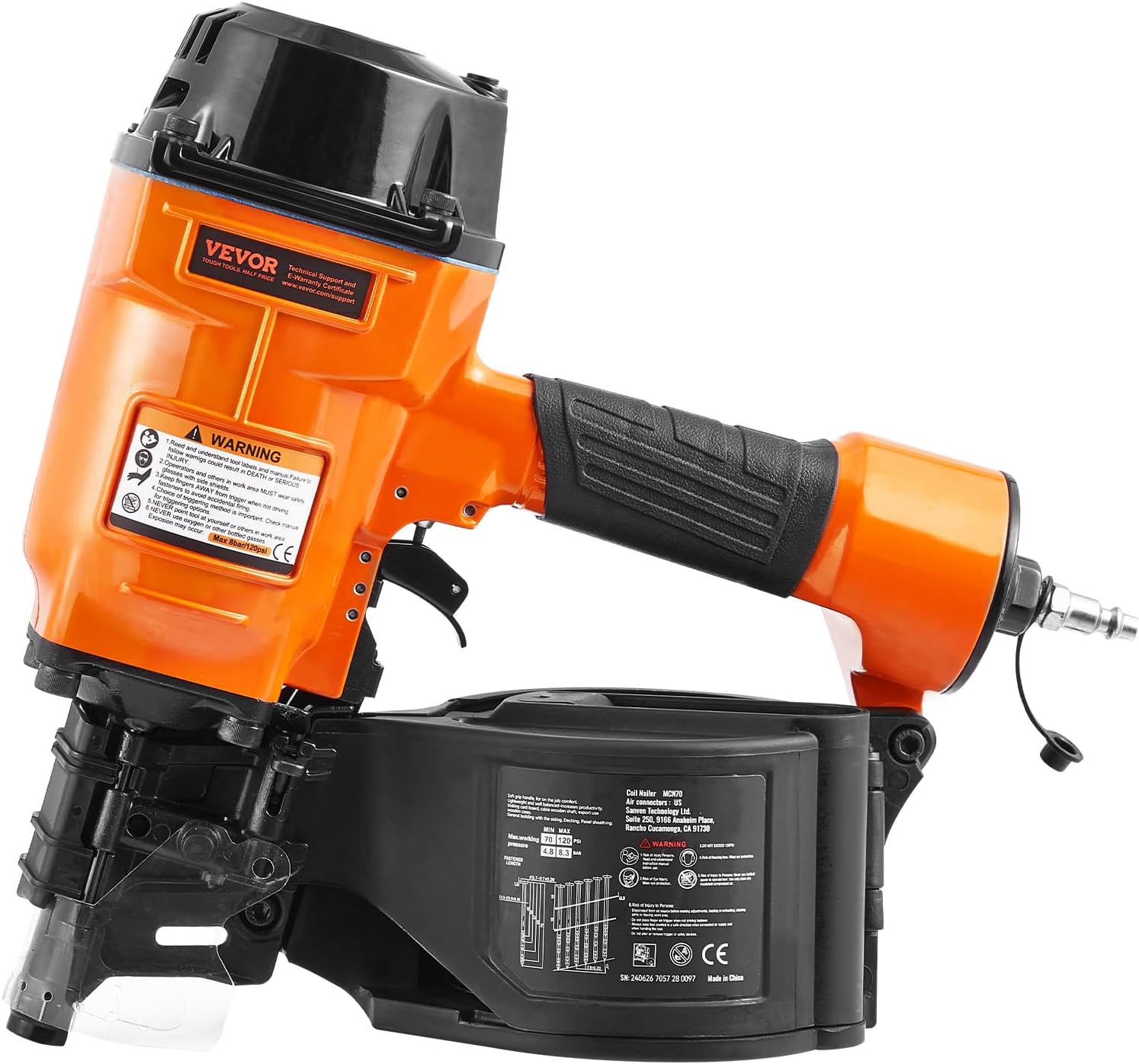 VEVOR Coil Siding Nailer MCN70, 1-3/4' to 2-3/4' 15 Degree Pneumatic Siding Nail Gun, 70-120PSI Air Coil Nailer for Pallet, Crating, Framing, Siding and Fencing