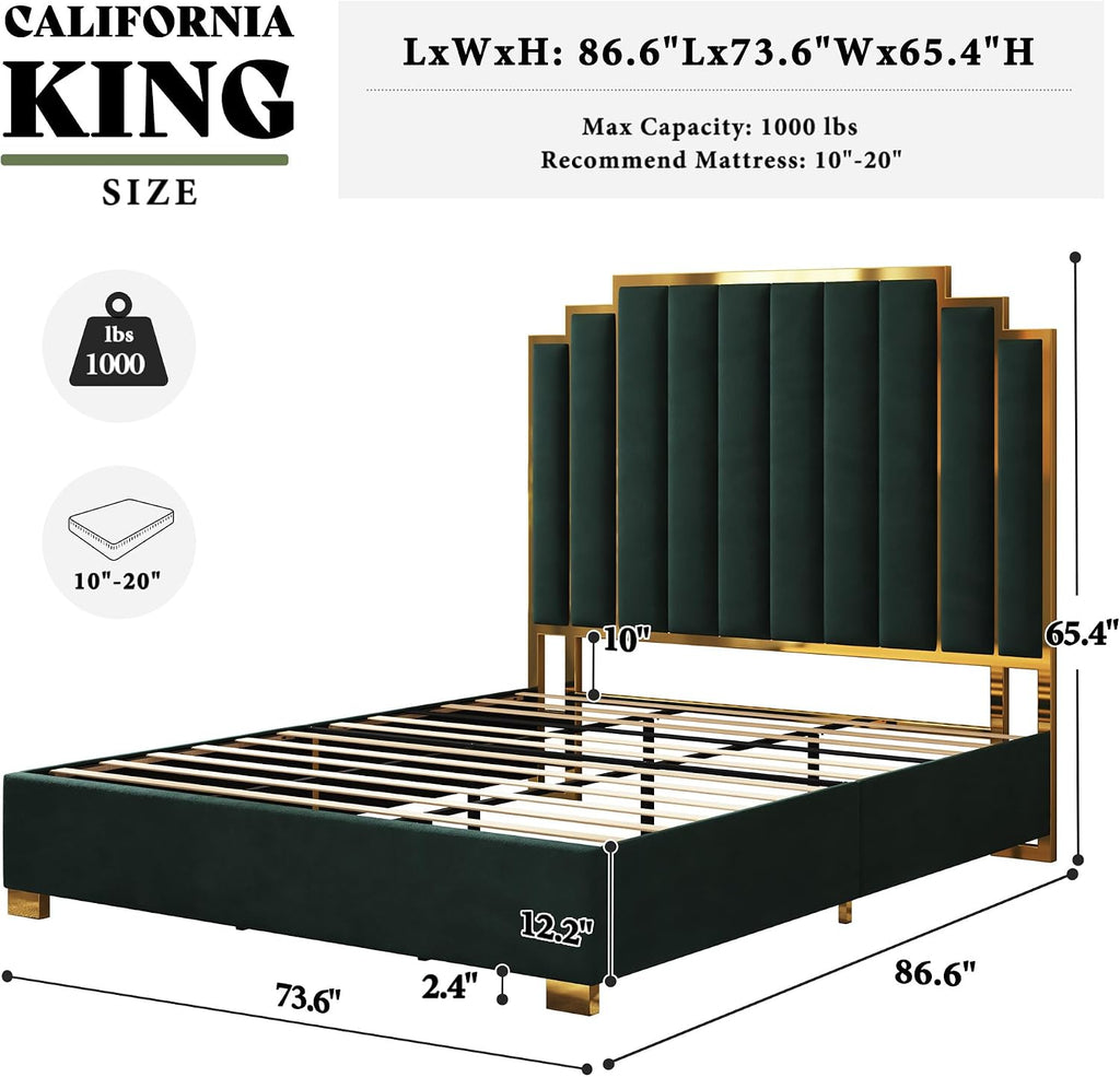 AMERLIFE California King Size Upholstered Bed, Modern Velvet Bed Frame with 65.4' Tall Gold Trim Headboard, No Box Spring Needed, Green