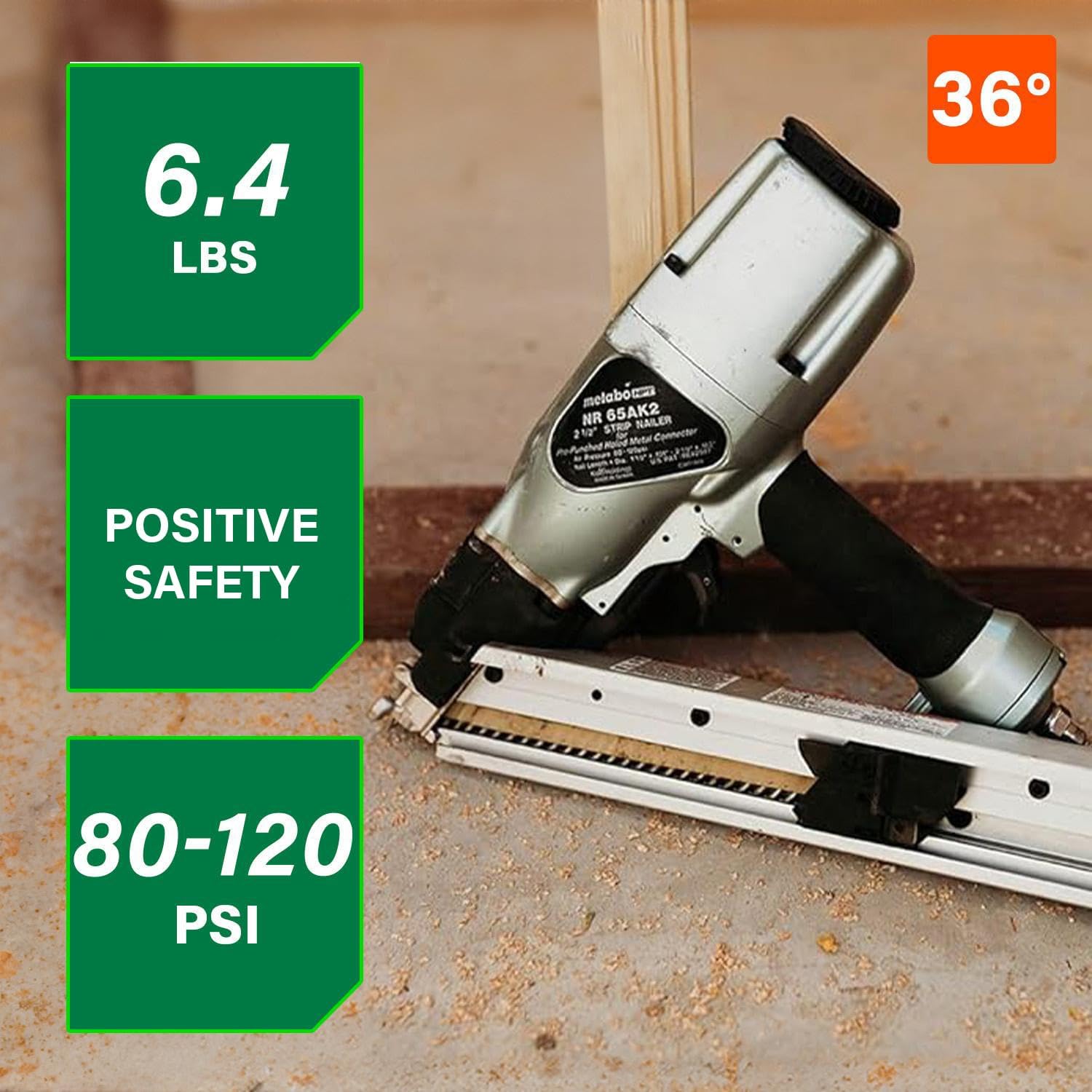 Metabo HPT Strap-Tite Strip Nailer, Pro-Preferred Pneumatic Power Nailers for Metal Connectors, Lightweight 6.4 lbs Fastening Tool, 36° Precision Fastening System, 1-1/2″ to 2-1/2″ Fasteners, NR65AK2