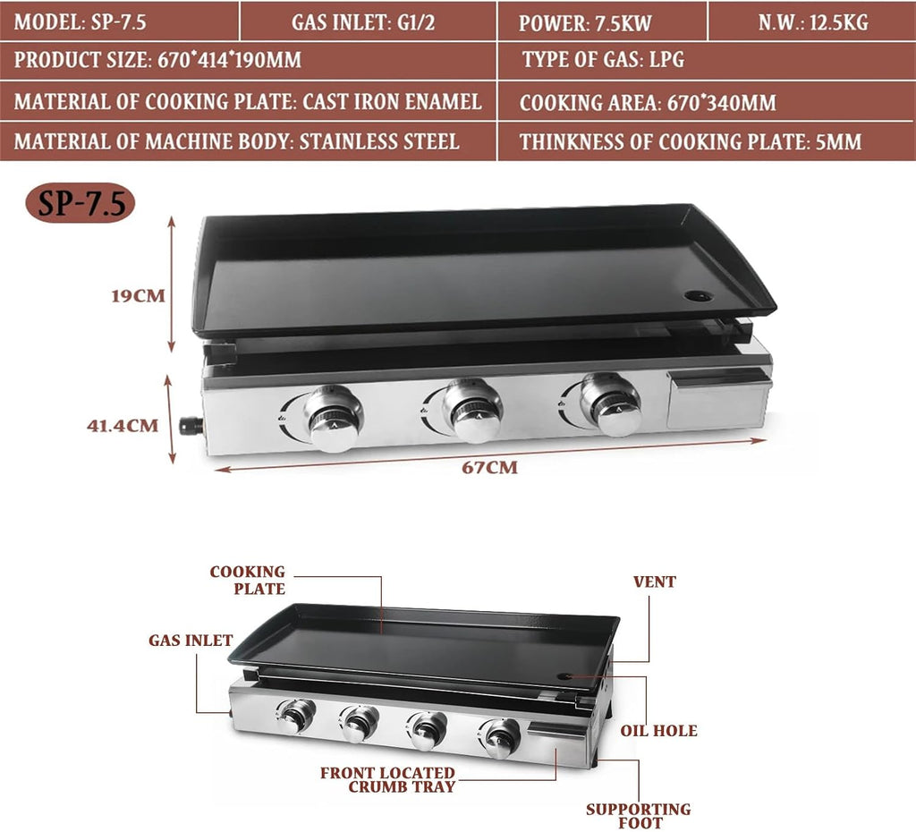 Portable Gas Grill Propane Tabletop Grill 3 Burners Gas Griddle 23 Inch Flat Top Grill for Outdoor Cooking While Party, Picnicking Or Camping，670x414x190mm