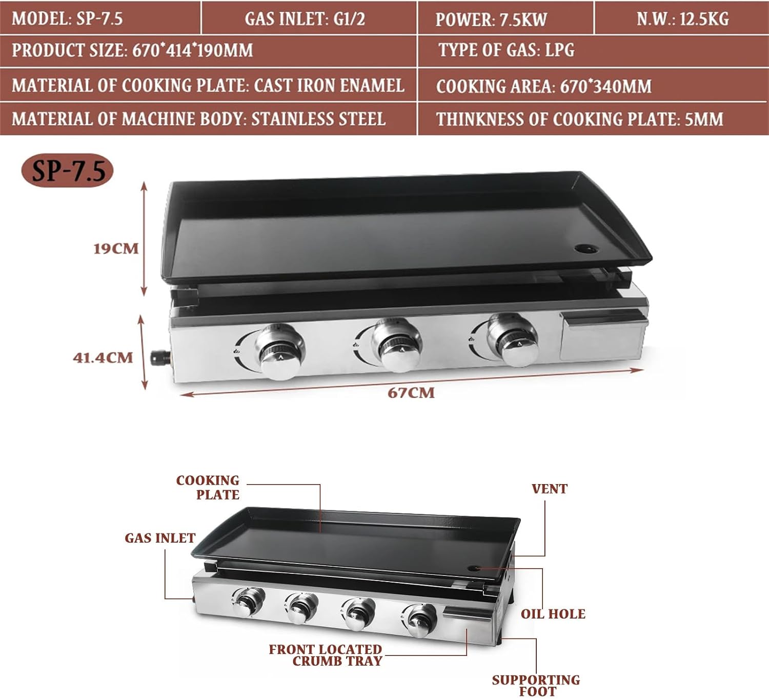 Portable Gas Grill Propane Tabletop Grill 3 Burners Gas Griddle 23 Inch Flat Top Grill for Outdoor Cooking While Party, Picnicking Or Camping，670x414x190mm