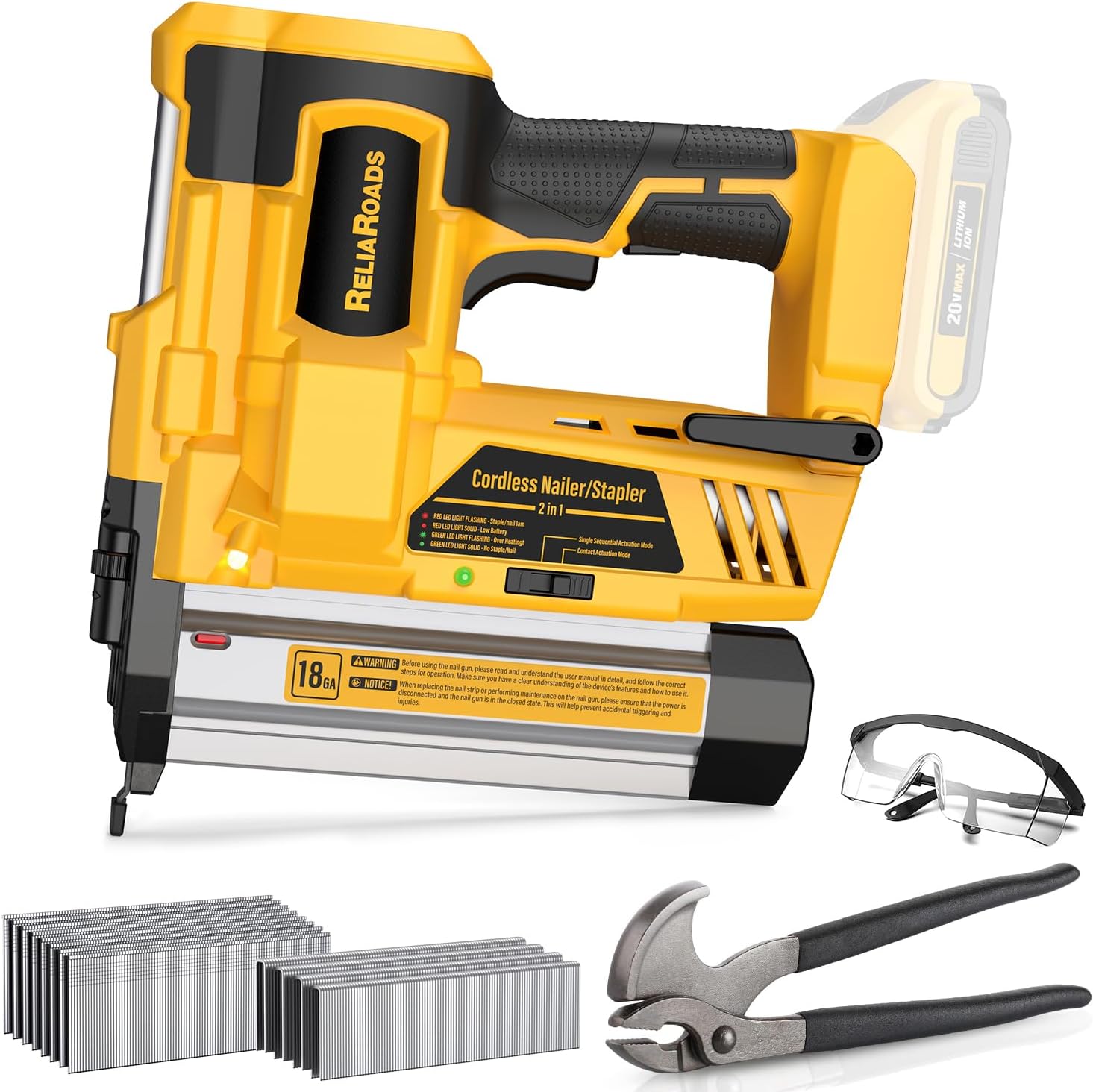 ReliaRoads 2' Cordless Brad Nailer, 18GA 2-in-1 Staple Nail Gun Battery Powered Compatible with DeWalt 20V MAX Battery, Electric Nail Gun Stapler with Nails Puller, 1600 Nails (Battery Not Included)