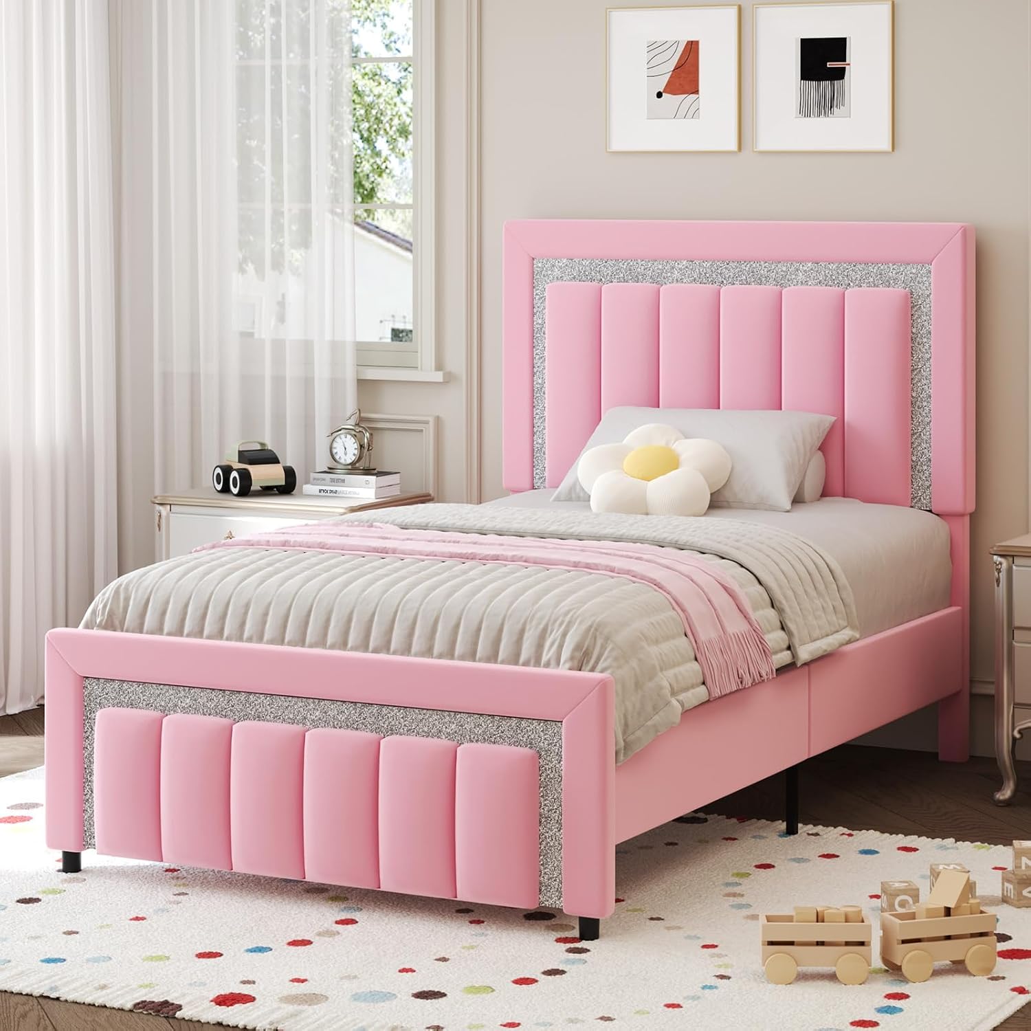 HOMBCK Twin Size Bed Frame with Headboard, Velvet Upholstered Platform Bed with Wooden Slats Support, Mattress Foundation, Twin Bed Frames for Girls, No Box Spring Needed, Easy Assembly, Pink