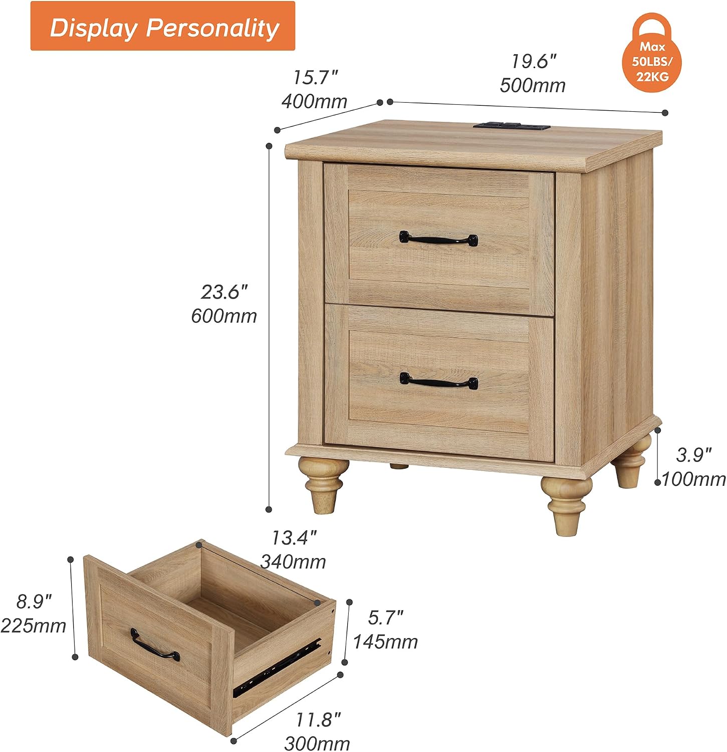 WAMPAT Nightstand with Charging Station, 20 Inch Night Stand with 2 Drawers, Wooden Rustic Bedside Table End Tables with Solid Wood Legs for Bedroom, Natural Oak
