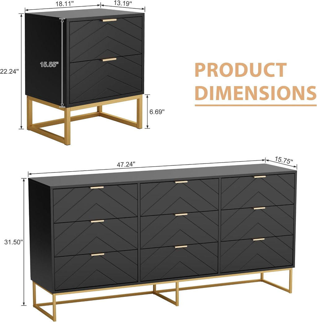 Anbuy Morden 9 Drawer Dresser and Nightstand Sets for Bedroom, 3 Pieces Bedroom Sets Night Stand Set of 2 & 9 Drawer Dresser with Gold Handles, Wood Chest of Drawers Storage Cabinet Set, Green Black