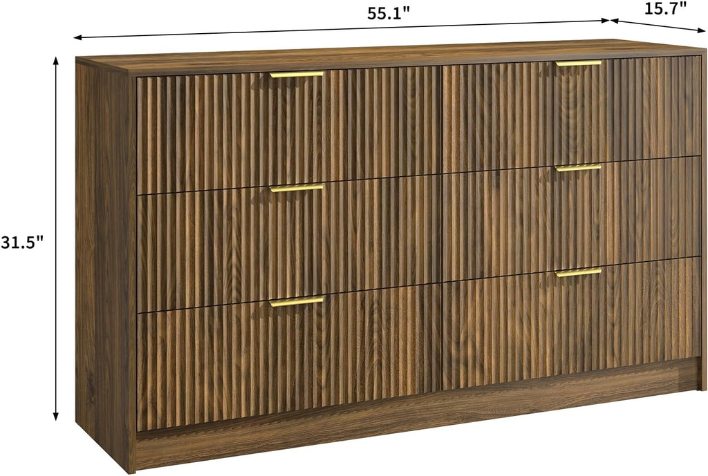 3-Piece Modern Bedroom Furniture Set, Wide 6-Drawer Dresser & 2-Drawer Nightstands Set of 2, Natural Wood Dresser and Nightstand Sets for Bedroom, Hallway, Walnut