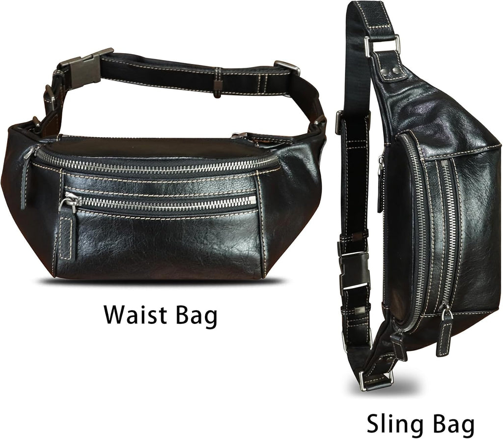 Genuine Leather Fanny Pack for Women and Men Vintage Real Leather Waist Bag Hip Bum Crossbody Sling Bags (Black)